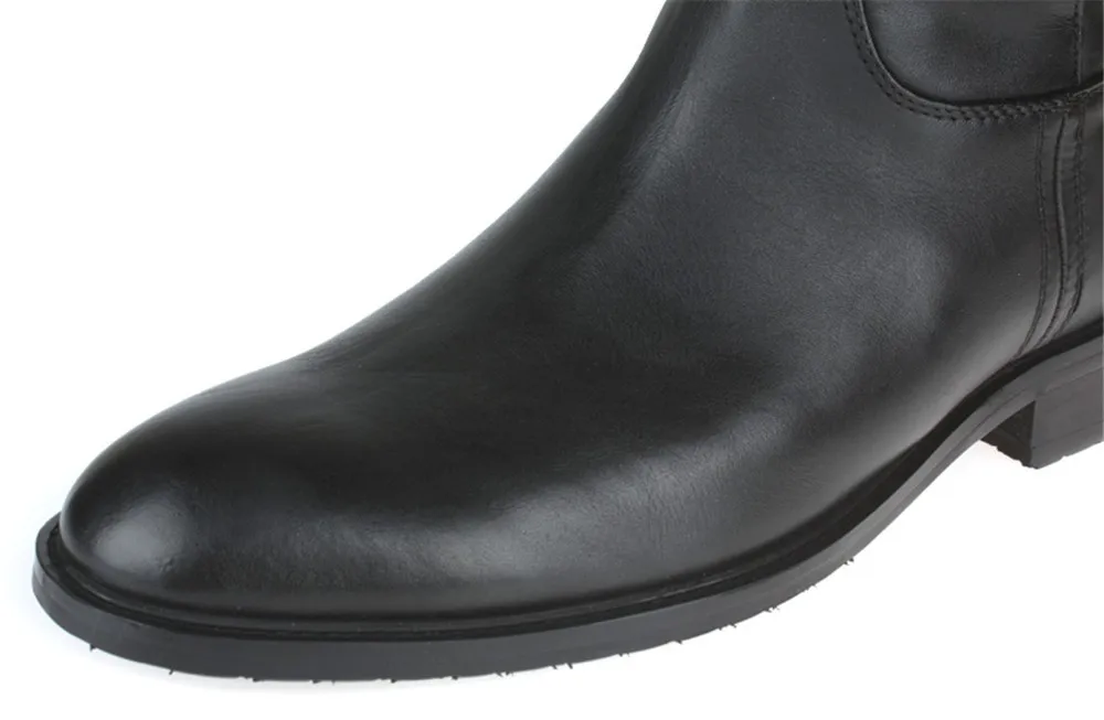 Качественные черные мужские зимние сапоги до колена на молнии; ботинки в байкерском стиле из натуральной кожи; мужские ботинки с пряжкой