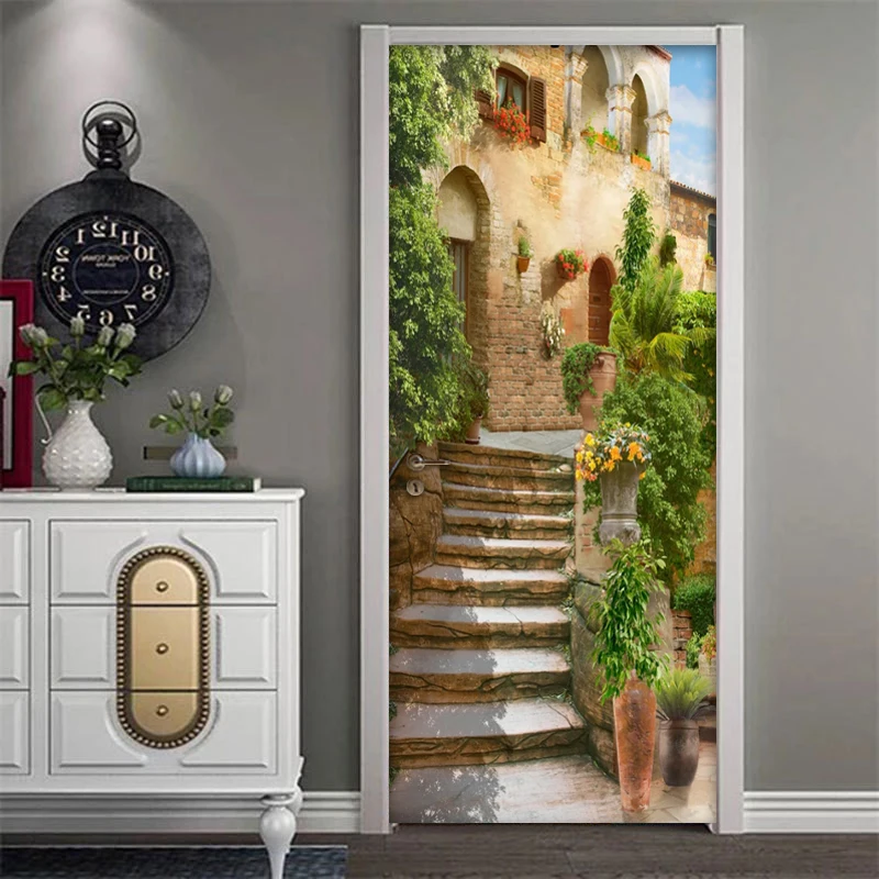 

Living Room Bedroom Door Refurbish Sticker Wall Mural Stair Step European Building DIY Self-adhesive Decorative Door Wallpaper