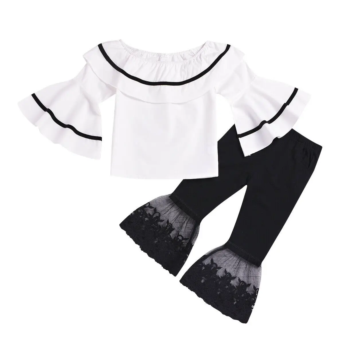 

Kids Baby Girl Flare Sleeve Off Shoulder Blouse Tops+Lace Bell-Bottomed Pants 2-6T