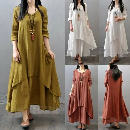 

Sexy Women Peasant Ethnic Boho Cotton Linen Long Sleeve Maxi Dress Gypsy Dresses