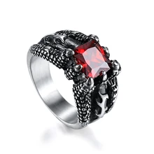 

Gun Black Stainless Steel Dragon Claw Finger Ring Elegant Big Red Gem Stone Vintage Men Ring Retro Titanium Steel Rings For Male