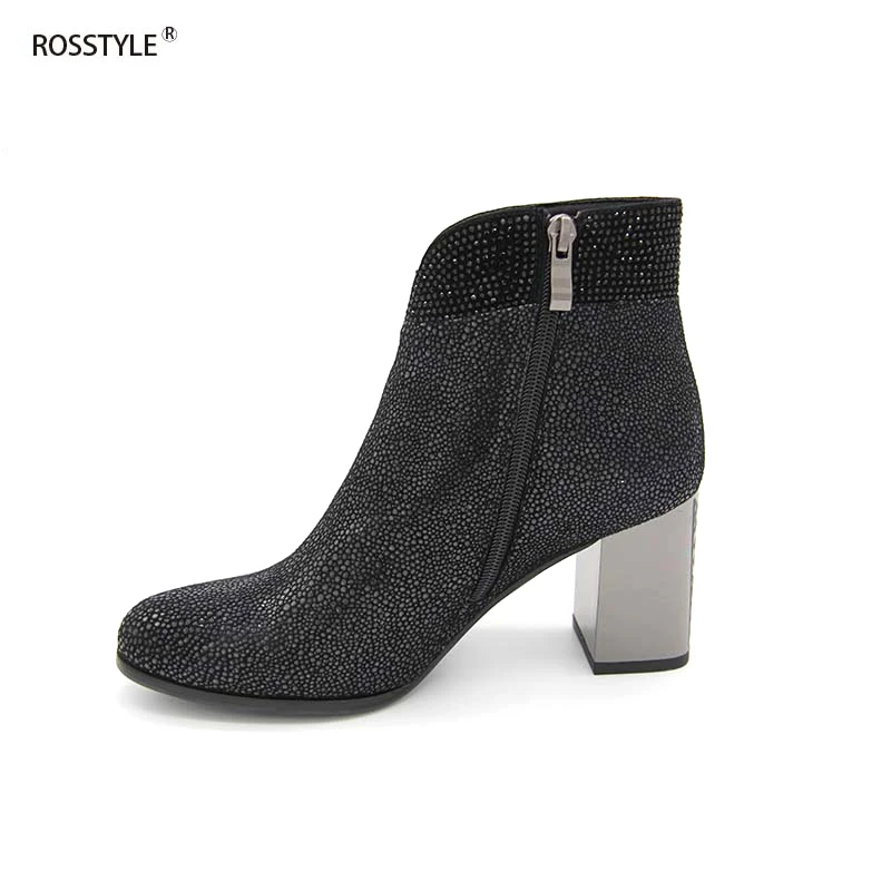 

Rosstyle Women Stylish Bicolor Metal Full Grain Leather Ankle Boots Dazzle Black High Heel Women Shoes Autumn Genuine LeatherB15