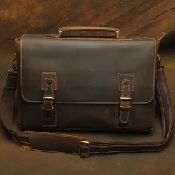 Nesitu A4 Vintage Brown Thick Genuine Crazy Horse Leather Executive Men Briefcase Portfolio 14'' Laptop Male Messenger Bag M1052