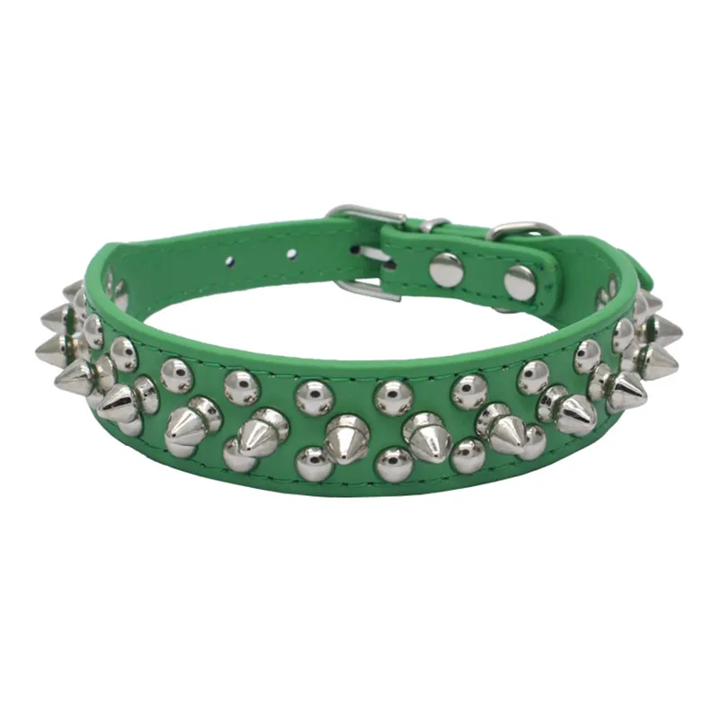 Adjustable Puppy Big Dog Collar for Small Large Dogs Anti-bite Bullet Rivets with Leather Beagle Pitbull Collars Pet Accessories - Цвет: Green