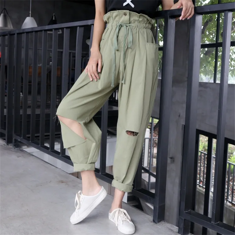 WKOUD 2019 женские эластичные с высокой талией шаровары карамельный цвет свободные однотонные уличные брюки повседневные рваные брюки женские