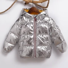 Модная зимняя куртка для мальчиков и девочек детское пуховое хлопковое пальто водонепроницаемый Зимний комбинезон Теплый жакет для мальчиков золотого и серебряного цвета парка с капюшоном пальто для девочек