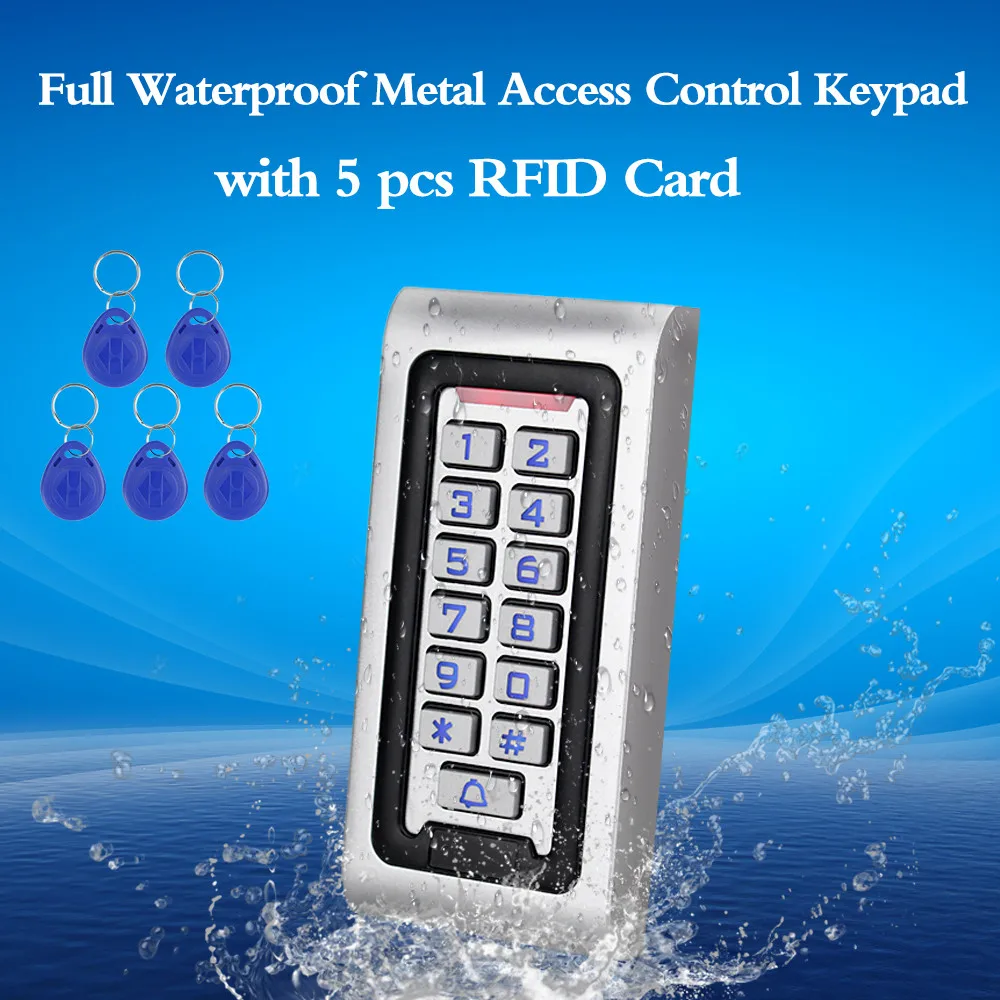 

Standalone Metal RFID Access Control Keypad WG26 Proximity 125KHz Reader IP68 Waterproof Controller with 5pcs RFID Keyfobs Tags