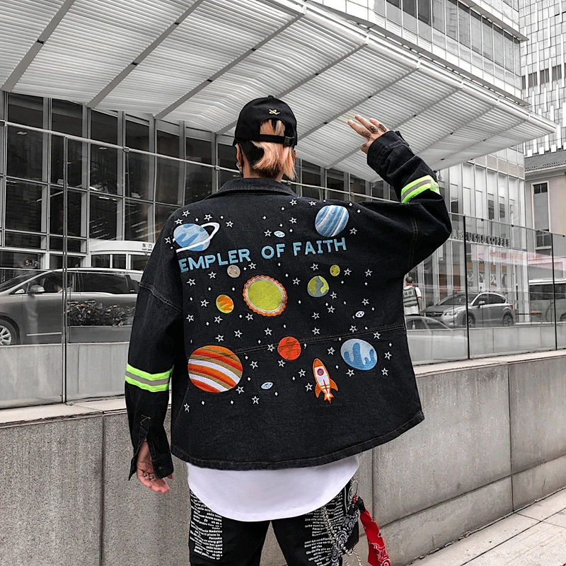 

Solid Hip-hop Embroidery Mens Denim Jacket 3M Reflective Jeans Jacket coat Streetwear Mens