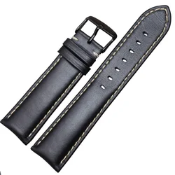 Elegant Genuine Leather Watch Band Strap - Black & Dark Brown with Polished Buckle - 22mm (Black black buckle)