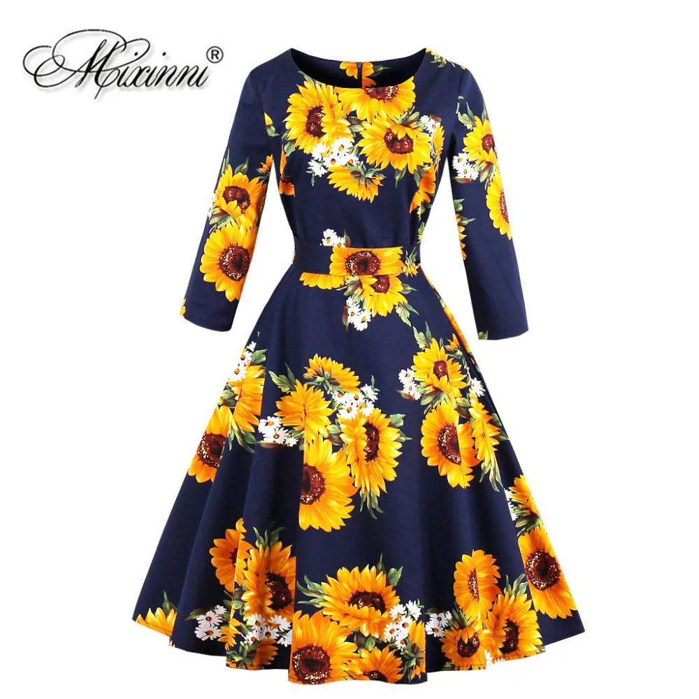 

MIXINNI Pirnt Flower 50s 60s Autumn Winter Vintage Dress Vestido Plus Size Long Sleeve Dress Robe Women Clothing Vestidos