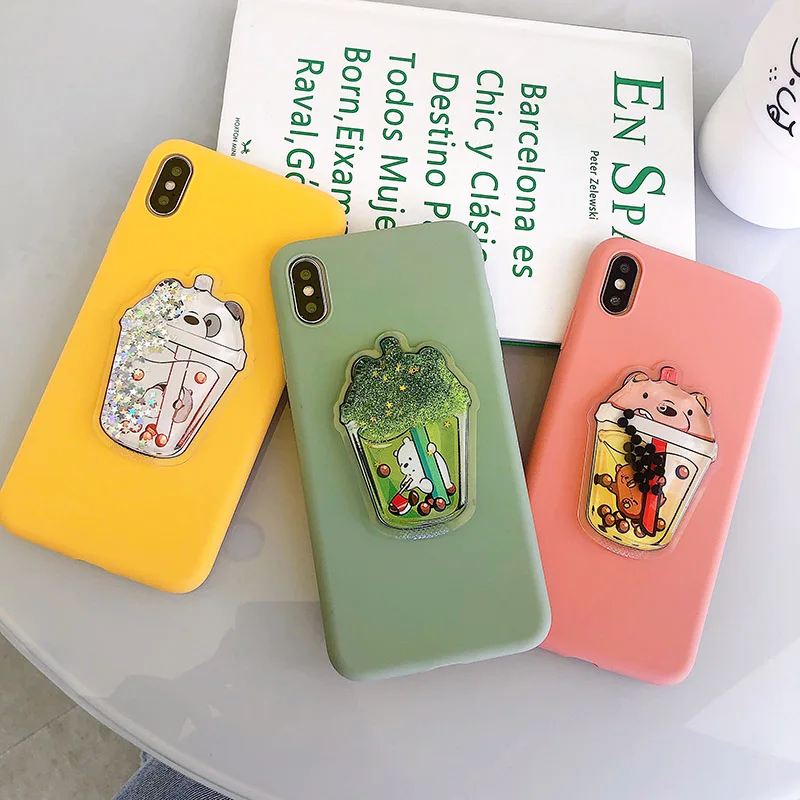 

3D bear Glitter quicksand Squishy sandbag phone Case for iphone X XR XS Max 6 6s 7 8 Plus bubble tea Drink bottle back cover