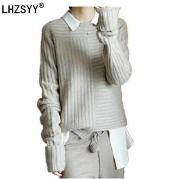 

LHZSYY Autumn and winter New Cashmere Sweater women solid color splice fashion Sweaters soft and cozy thick blouse high quality
