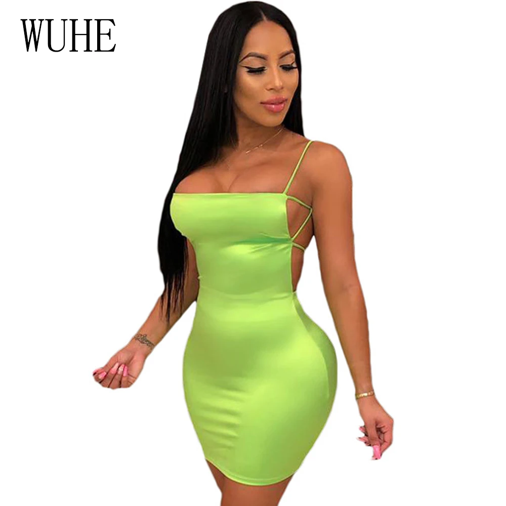 

WUHE Summer Backless Hollow Out Sexy Bandage Dress Neon Green Women Sleeveless Mini Slim Bodycon Club Party Pencil Dress Robe