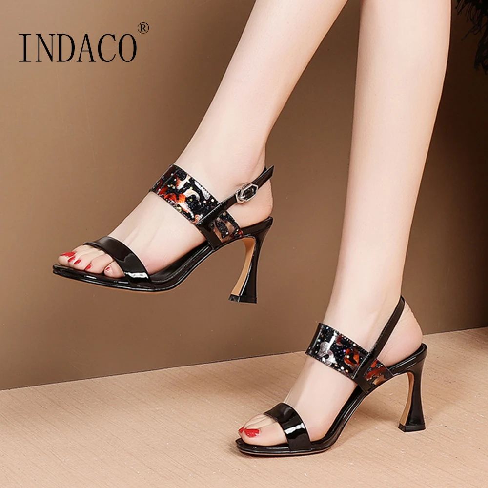 

Sandals Women Summer Shoes Women Sandals Summer Footwear Print Patent Leather Open Toe Thick Heel Sandals