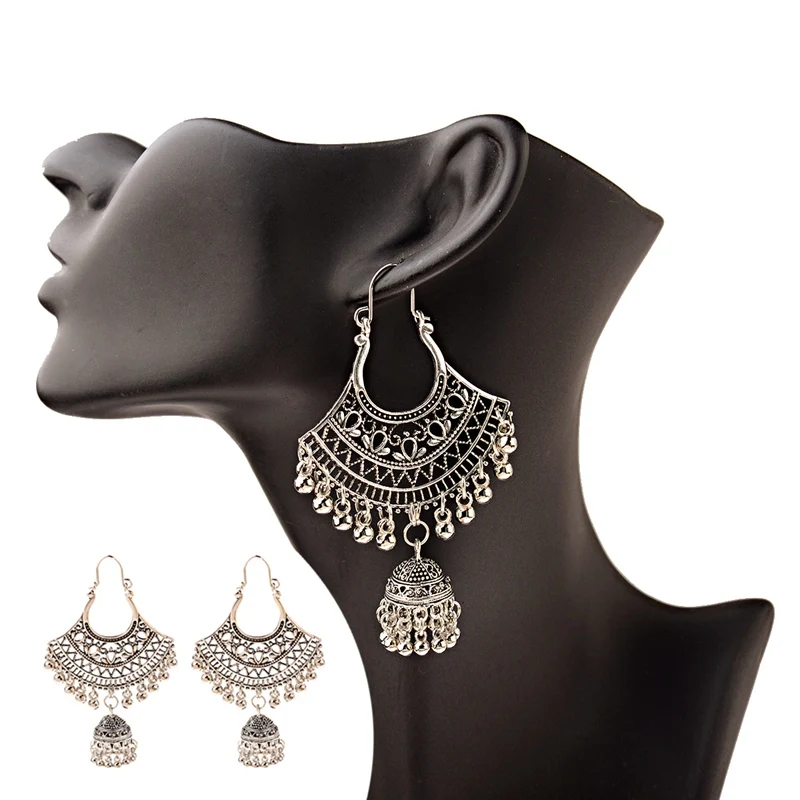 Женские винтажные сережки Jhumka в турецком стиле Серебристые серьги колокольчики