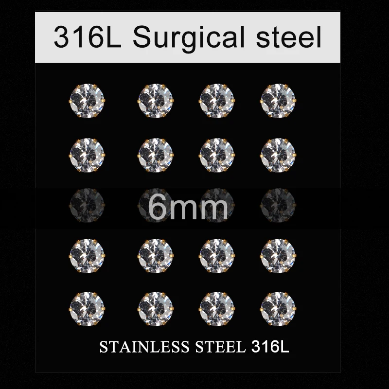 10 пар/лот 316L из нержавеющей стали золотые серьги с винтовой застежкой AAA кубический цирконий серьги пирсинг круглые заклепки хирургическое ухо
