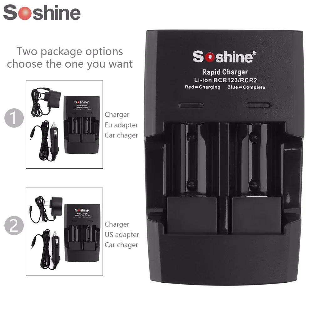

Soshine SC-S5 2 Slots Li-ion RCR123 / RCR2 Rapid Battery Smart Charger for 14250 / CR2 Battery with LED Indicator + Car Charger