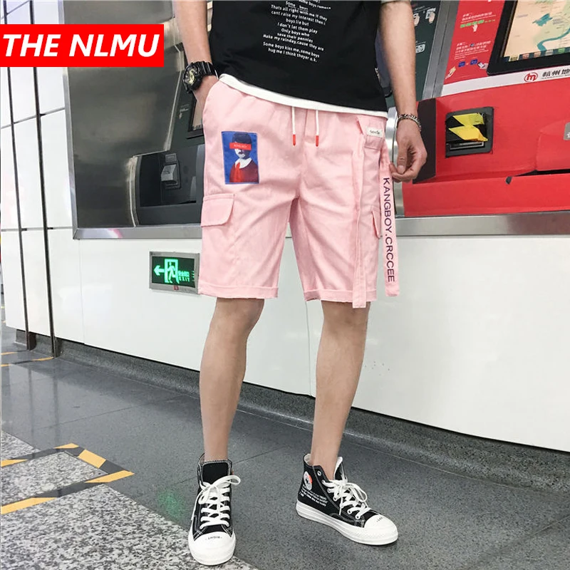 Ceny Hip Hop spodenki na co dzień mężczyźni wstążki Design spodenki 2019 lato moda mężczyzna krótki Jogger Streetwear czarny różowy WG216