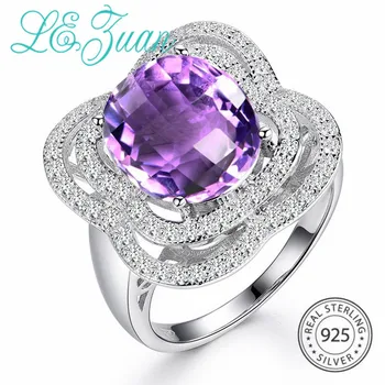 

L&zuan 4.71ct Natural Amethyst Real 925 Sterling Silver Jewelry Luxury Ring For Women Checkerboard Cut Gems Ring Christmas Gift