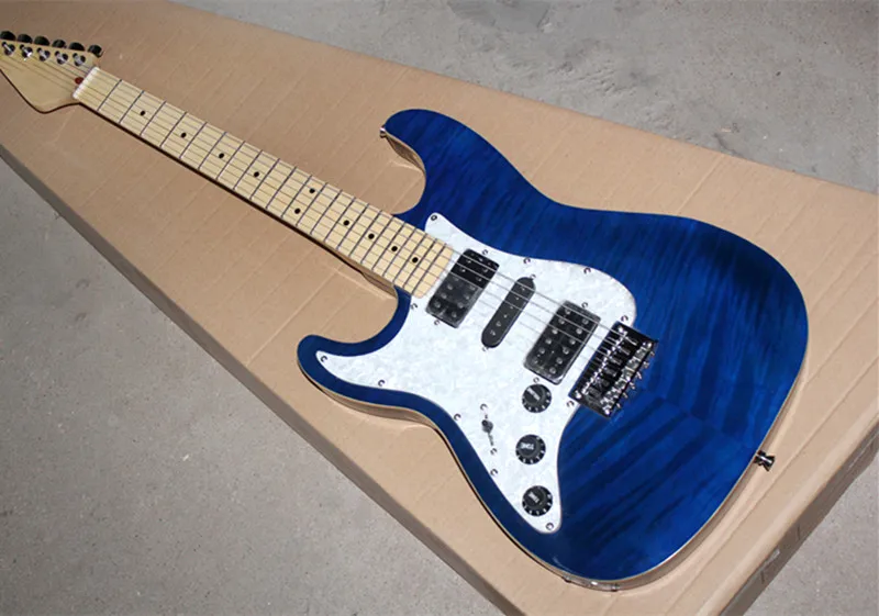 

Transparent Blue Color Left-hand Electric Guitar with HSH Pickups,Tiger Maple Veneer,Chrome Hardwares,Offer Customized