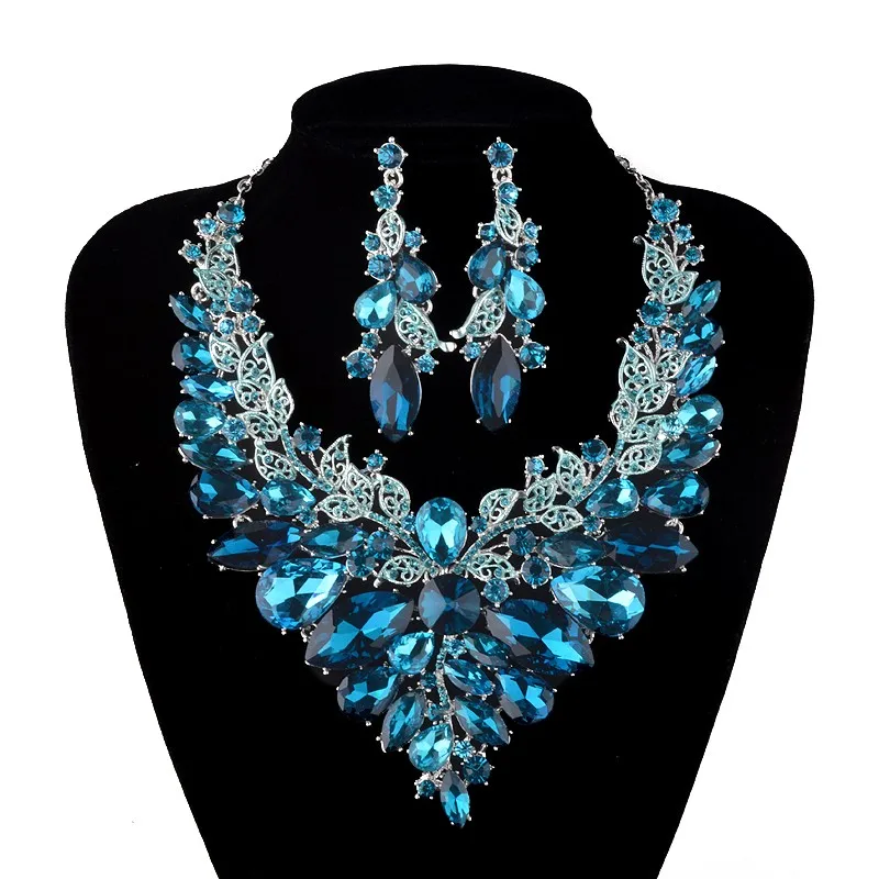 Индийский стиль ювелирные изделия синий и Шампань Кристалл ожерелье серьги свадебные ювелирные комплекты для невест вечерние свадебные аксессуары