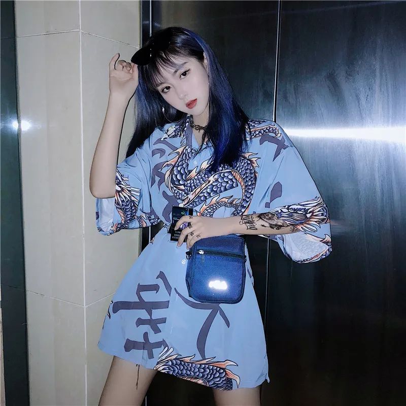 

New Women's Clothing ulzzang korean hipster harajuku animal Dragon Chinese print turn-down collar loose fashion casual Shirts