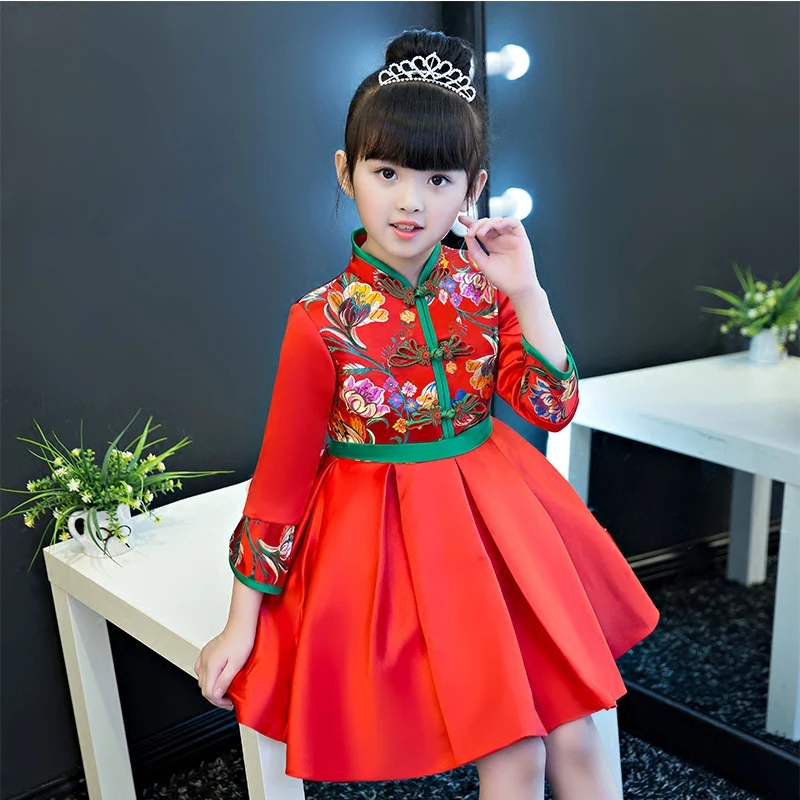 

2017 New Autumn Winter Red Color China Traditional Style Children Girls Princess Dress Kids New Year Birthday Long Sleeves Dress