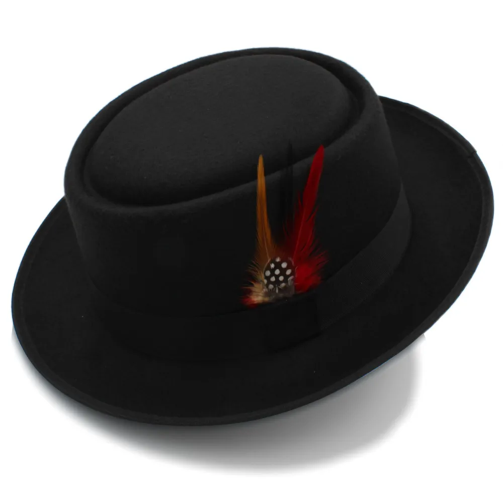Модная женская шляпа из свиного пирога, Женская шерстяная плоская шляпа-федора, шляпа для геймеров, Панама, шляпа Трилби с модным пером, размер 58 см - Цвет: Black