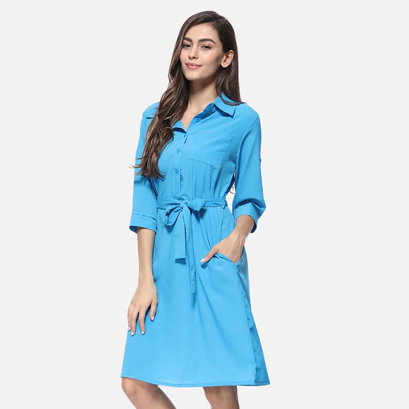 

Women Solid Casual Loose Shirt Dress 2019 New Fashion Seven-quarter Sleeve Summer Dress Ladies Bow Sashes Midi Dress