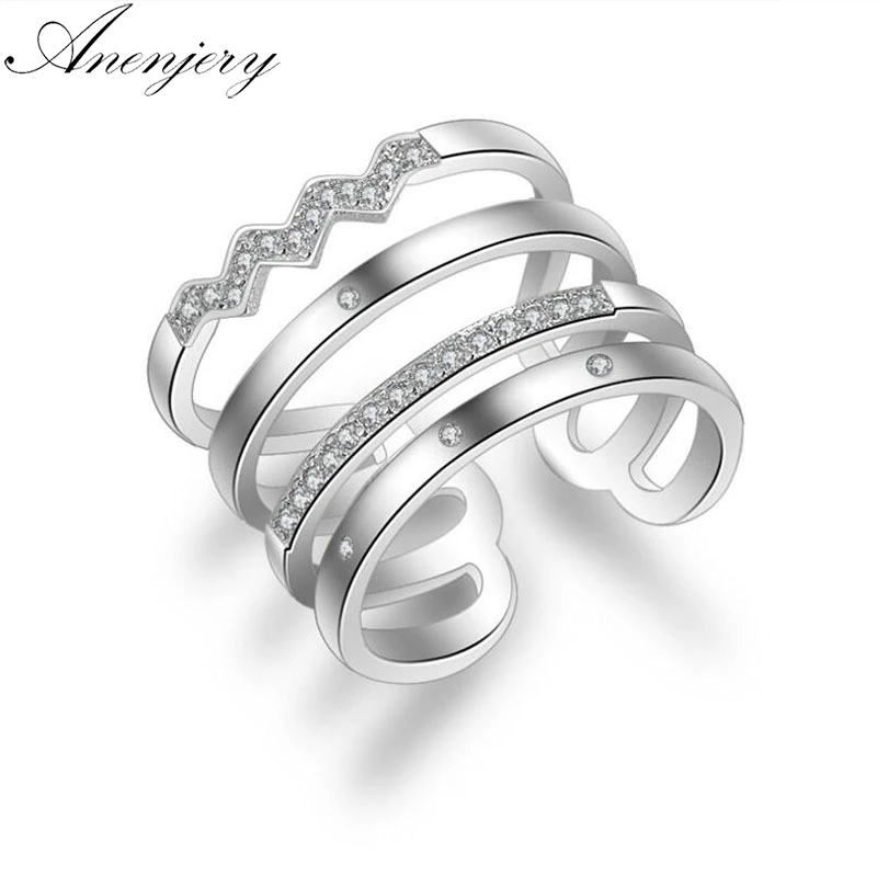 

Anenjery Korean Style 925 Sterling Silver Opening Rings Personality Exaggerated Multi-layer Mosaic Zircon Rings For Women S-R308