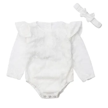 

Puseky Baby Girls Clothing Lace Flower Baby Rompers + Bow Headband Suits Cute White Newborn Infant Outfits Baby Clothes Sets