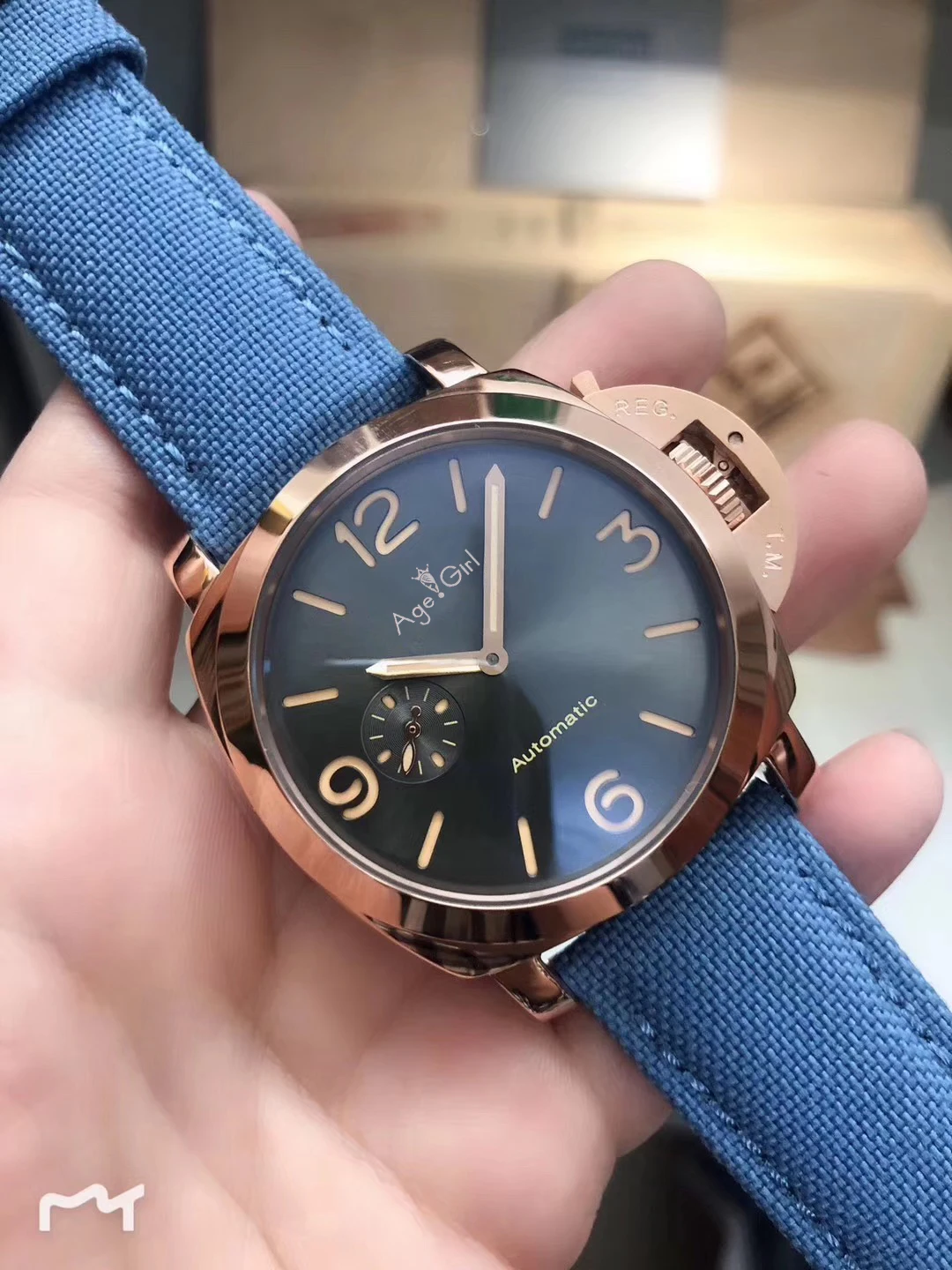 

Brand New Men Automatic Mechanical Stainless Steel Blue Canvas Leather Rose Gold Sport Dive Watches Limited Black Dial 44mm AAA+