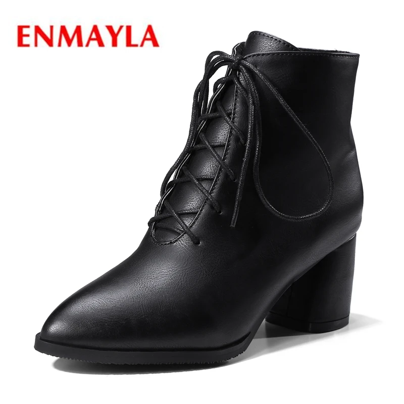 ENMAYLA/осенние женские ботильоны из искусственной кожи с острым носком на молнии, женские модные ботинки на квадратном каблуке с