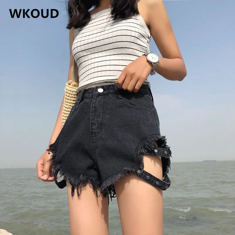 WKOUD летние джинсы с высокой талией уличные брюки женские повседневные однотонные джинсовые шорты модные шорты с кисточками открытые штаны DK6019