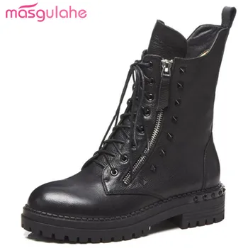 

Masgulahe new arrival 2018 punk genuine leather boots rivets buckles ankle boots thick heels motorcycle boots womens shoes new