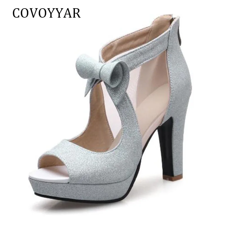 

COVOYYAR 2019 Summer Platform Sandals Gladiator Bow Peep Toe High Heels Pumps Women Fashion Mesh Bling Party Shoes Woman WSS432