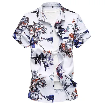 

Summer Large size Men's Shirt Male Flower pattern Cotton flax Short Sleeve Shirt Vibrant Hawaii Beach Casual Shirt Man M-6XL 7XL