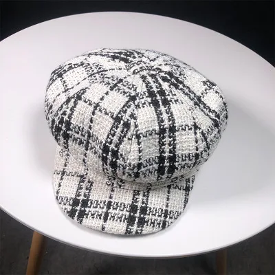 Пара кепка газетчика Мода художника восьмиугольная кепка черная клетчатая кепка осенний берет для новорожденного - Цвет: Белый
