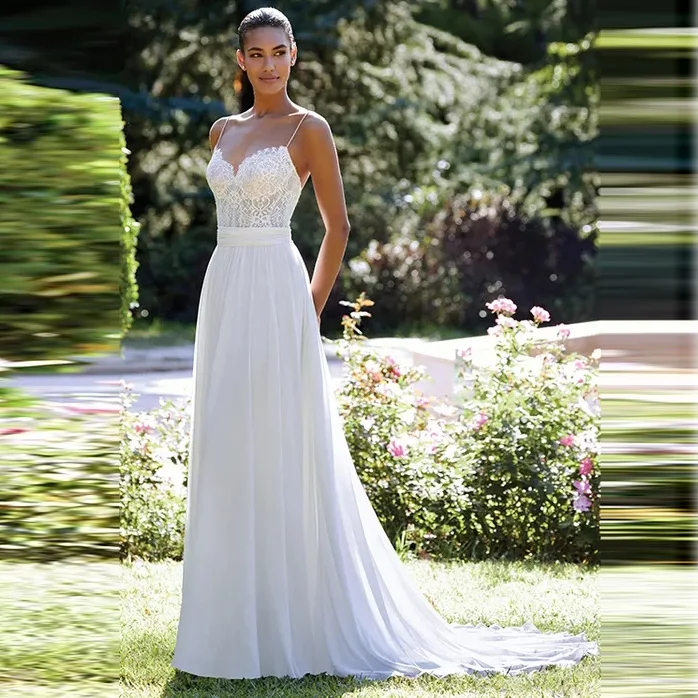 

Princess Boho Simple Cheap Chiffon A Line Wedding Dress Appliqued Top Spaghetti Straps Train Bridal Gown Free Shipping