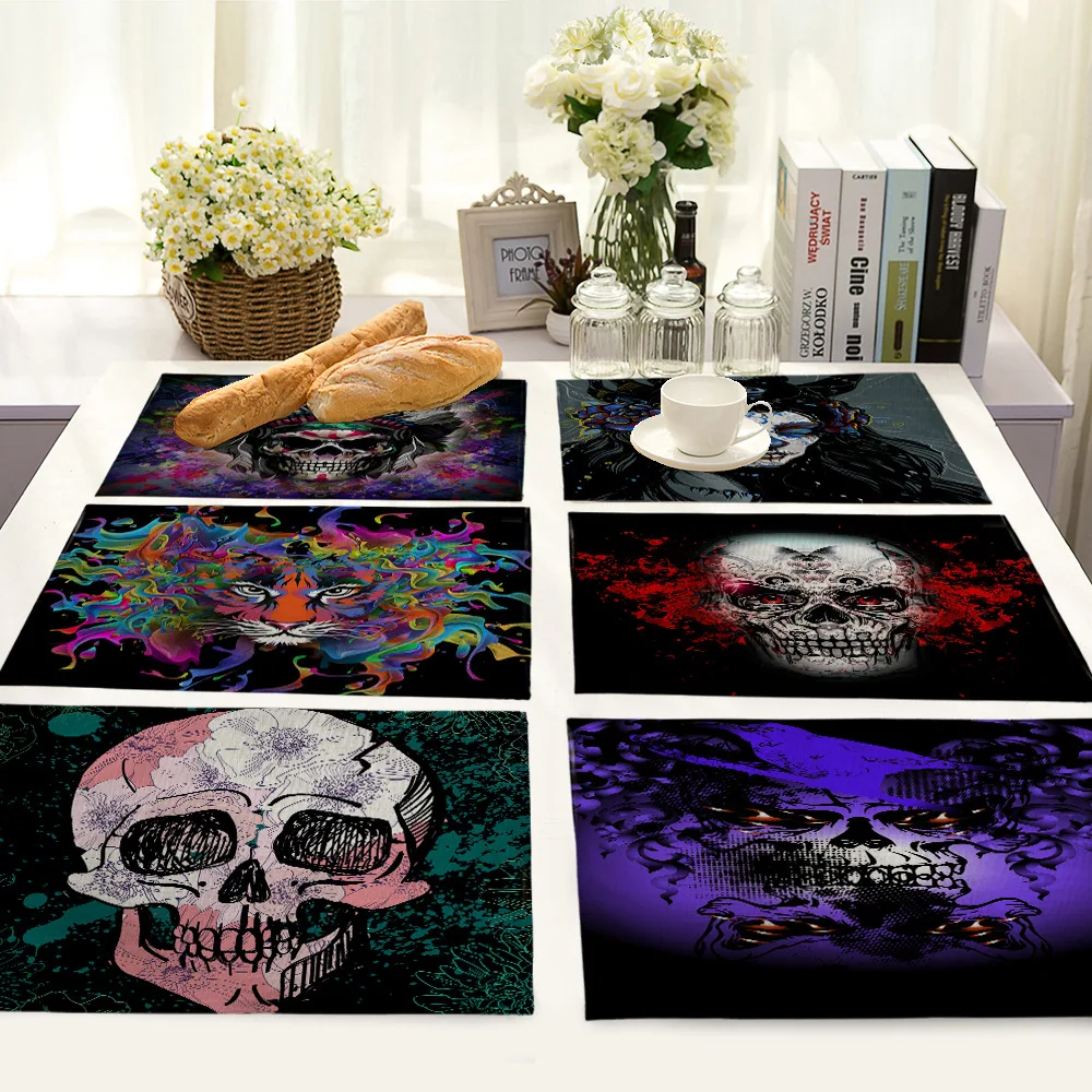 

colour skull pattern place mats for dinning table cotton linen table accessories heat insulation table cloth linen rectangle