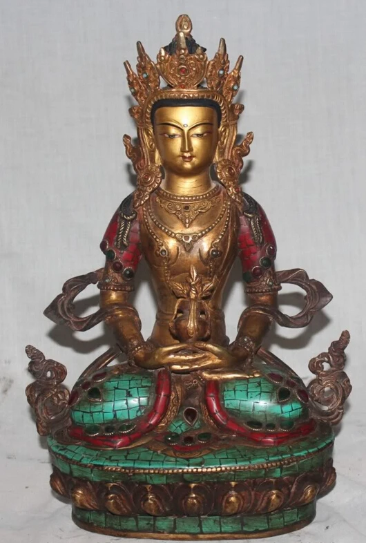 

007166 Tibet Religion Red Coral Turquoise Bronze 24K Gilt Amitayus Buddha Statue Nepal