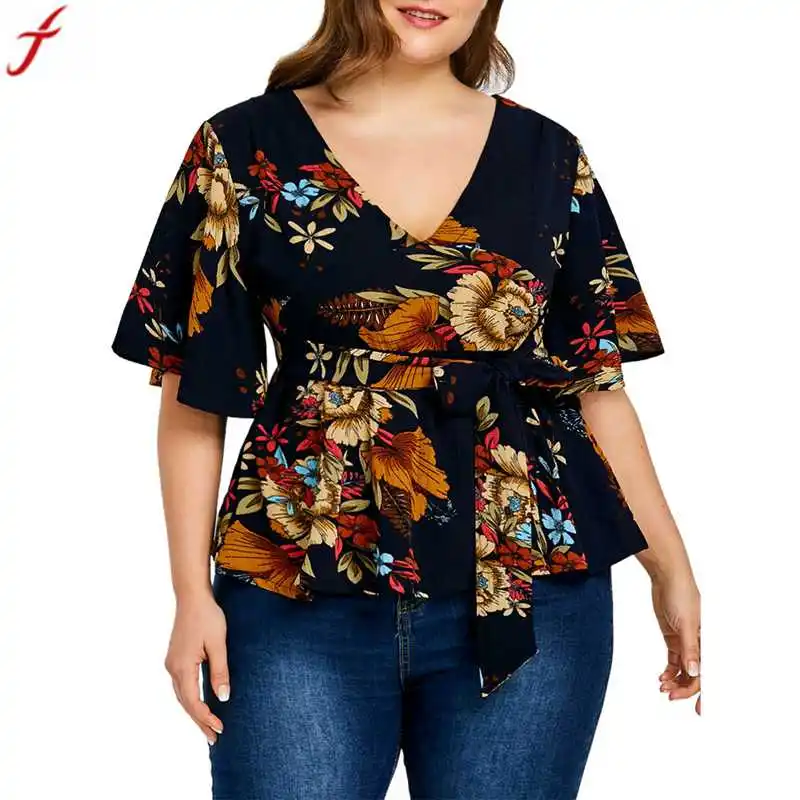 

2019 Plus Size X-6XL Womens Vintage V-Neck Floral Printed Chiffon Blouse Casual Summer Short SleeveTops Woman Clothes
