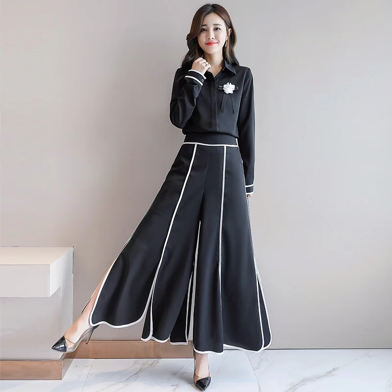 Белый черный корейский женский деловой костюм Лето женские комплекты из двух частей шифоновые элегантные женские брюки и набор блуз DD2159