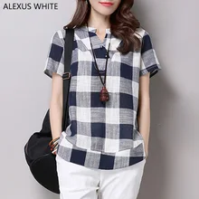 Plus Size Cotton Linen Blouses Female 2017 Summer Women’s Casual Short Sleeve V-Neck Plaid Shirts Blouse Tops