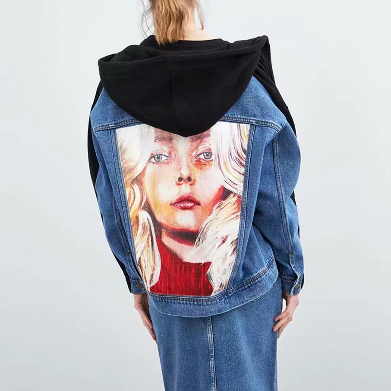 

Fashion Patchwork Comic Print Women Denim Jacket 2019 New Streetwear Oversized Jeans Jacket Woman Spring Hooded Outerwear