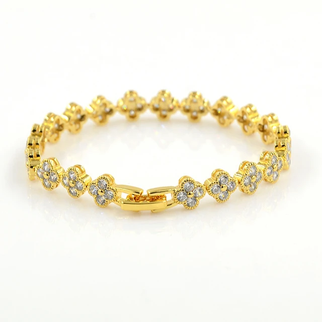 Wrist Chain Yellow Gold Filled Womens 4 leaf Patterned Wedding Shiny Womens Jewelry in Chain