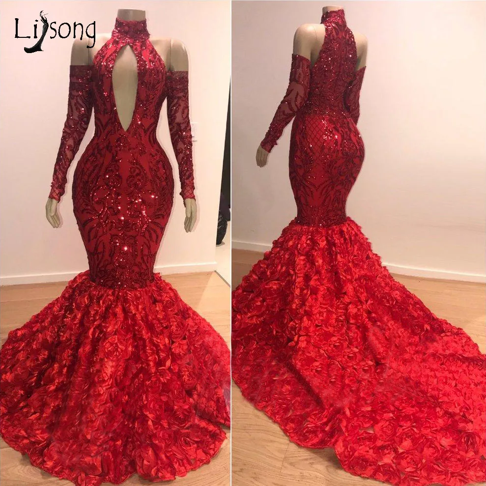 

Sexy Red Sparkle Lace Mermaid Evening Dresses 2019 Formal Dress Full Sleeves 3D Flower Long Prom Gowns Robe De Soiree