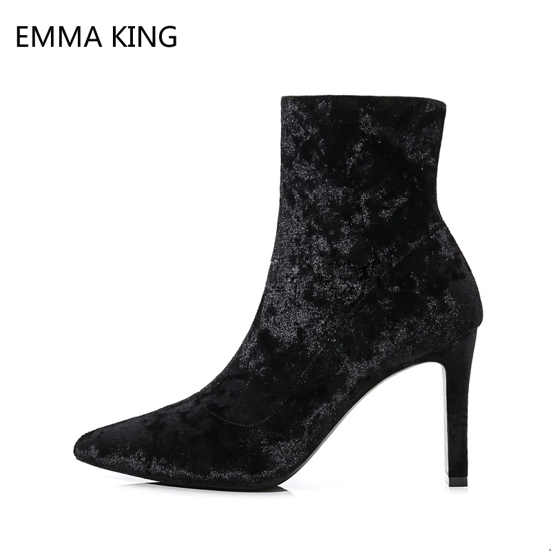 

Thick Heels Suede Ankle Boots For Women Pointed Toe Martin Booties Black High Heel Stretch Short Socks Boots Women