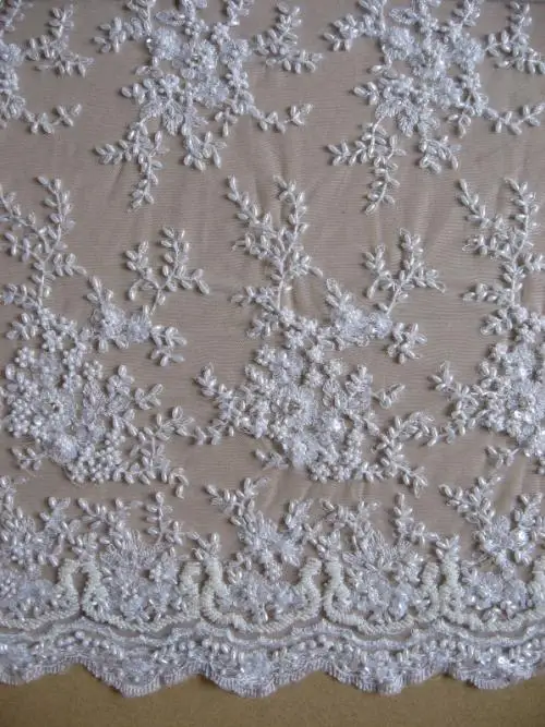 1yard Lates off white French Beaded Lace Fabric, Wedding Pearl Beads Lace Fabric for Bridal