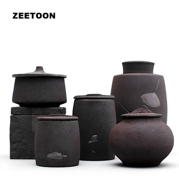 

Black Zen Japanese Style Coarse Pottery Tea Cans Kung Fu Tea Set Tea Caddy Jar Pot Sugar Bowl Tea Sealed Creative Home Decor New